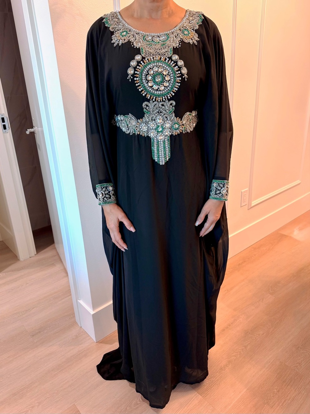Embellished Black Kaftan Maxi with Green Crystal Accents